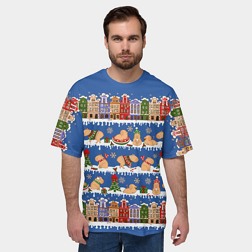 Мужская футболка оверсайз Капибара зимой / 3D-принт – фото 3