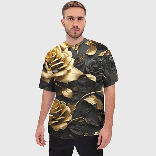 Мужская футболка оверсайз Металлические розы золотые и черные / 3D-принт – фото 3