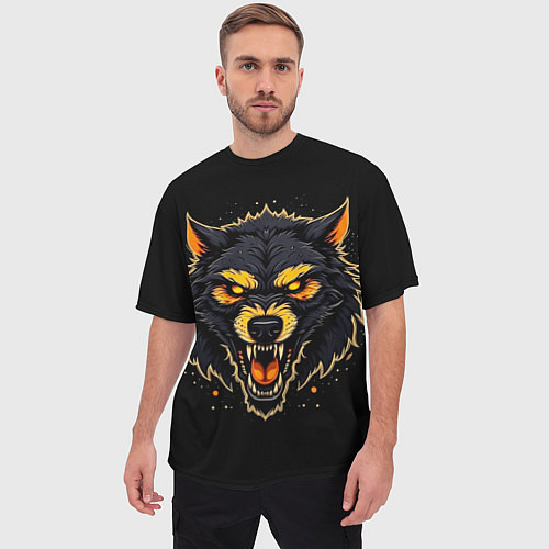 Мужская футболка оверсайз Волк чёрный хищник / 3D-принт – фото 3
