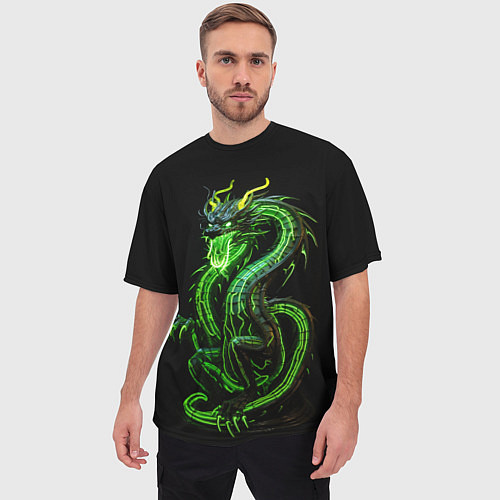 Мужская футболка оверсайз Светящийся зеленый дракон 2024 / 3D-принт – фото 3