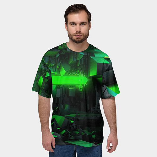 Мужская футболка оверсайз Симметрия зеленых теней / 3D-принт – фото 3