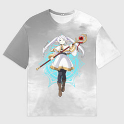 Футболка оверсайз мужская Фрирен провожающая в последний путь - чб, цвет: 3D-принт