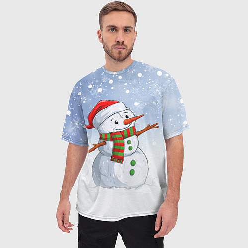 Мужская футболка оверсайз Весёлый снеговик в колпаке / 3D-принт – фото 3
