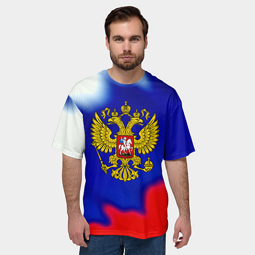 Мужская футболка оверсайз Герб РФ триколор краски / 3D-принт – фото 3
