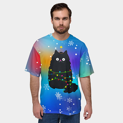 Мужская футболка оверсайз Новогодний котик и снежинки / 3D-принт – фото 3