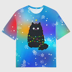 Футболка оверсайз мужская Новогодний котик и снежинки, цвет: 3D-принт
