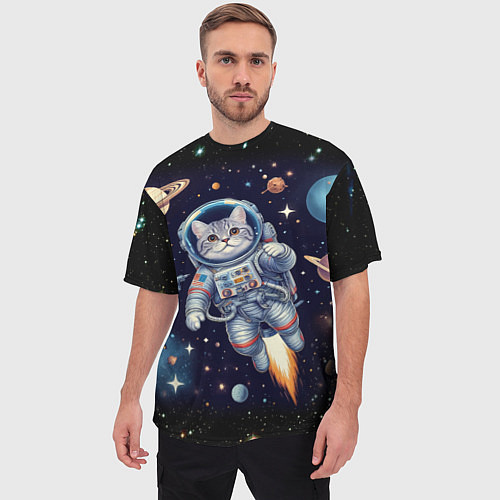 Мужская футболка оверсайз Крутой котик в открытом космосе - нейросеть / 3D-принт – фото 3