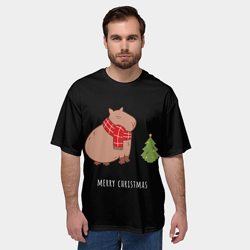 Мужская футболка оверсайз Капибара и ёлка / 3D-принт – фото 3