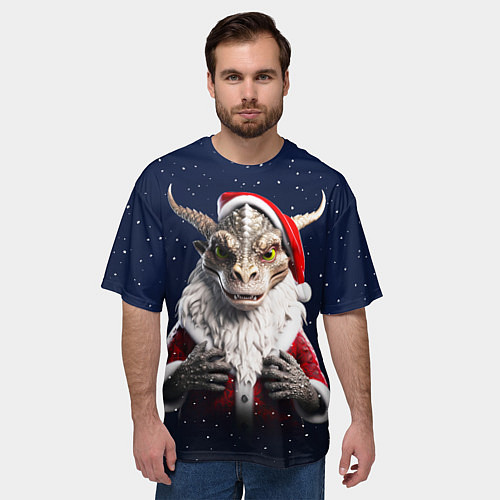 Мужская футболка оверсайз Дракон в костюме Санты / 3D-принт – фото 3