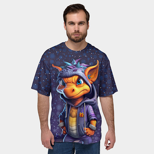 Мужская футболка оверсайз Дракончик и снежинки / 3D-принт – фото 3