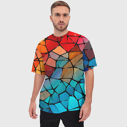 Мужская футболка оверсайз Красно-синяя витражная мозаика / 3D-принт – фото 3