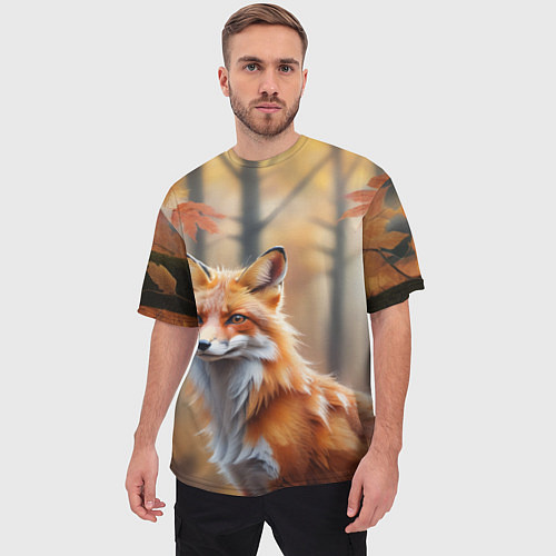 Мужская футболка оверсайз Рыжая лисица в осеннем лесу / 3D-принт – фото 3