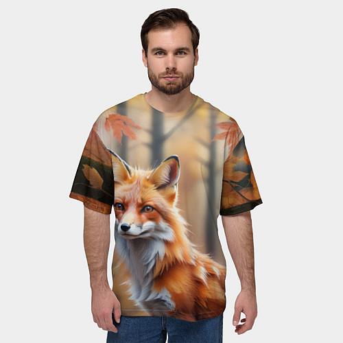 Мужская футболка оверсайз Рыжая лисица в осеннем лесу / 3D-принт – фото 3
