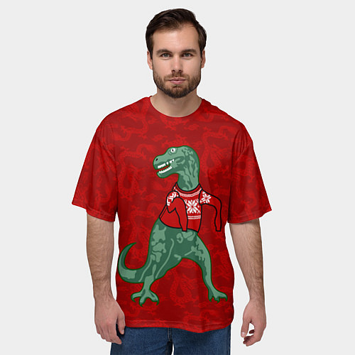 Мужская футболка оверсайз Динозавр в свитере - новогодние драконы / 3D-принт – фото 3