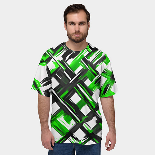 Мужская футболка оверсайз Зелёные и чёрные мазки / 3D-принт – фото 3
