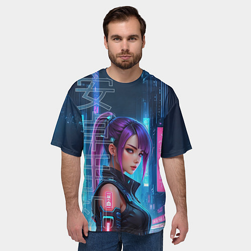 Мужская футболка оверсайз Девушка с пурпурной челкой / 3D-принт – фото 3