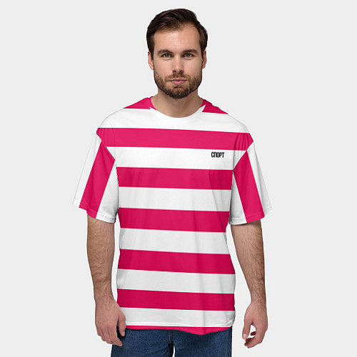 Мужская футболка оверсайз Красно белый узор в полоску / 3D-принт – фото 3