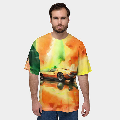 Мужская футболка оверсайз Машина на оранжево зеленом фоне акварель / 3D-принт – фото 3