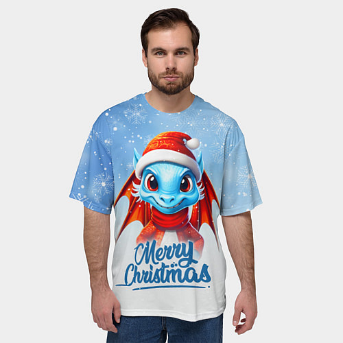 Мужская футболка оверсайз Веселый новогодний дракончик / 3D-принт – фото 3