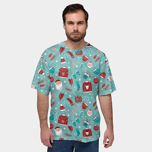 Мужская футболка оверсайз Праздничный новогодний узор / 3D-принт – фото 3