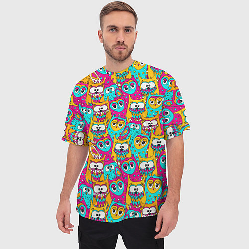 Мужская футболка оверсайз Разноцветные совы / 3D-принт – фото 3