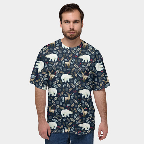 Мужская футболка оверсайз Акварельные медведи и олени / 3D-принт – фото 3
