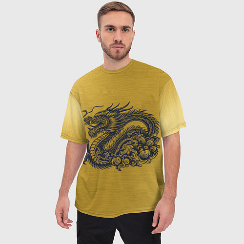 Мужская футболка оверсайз Дракон на золоте / 3D-принт – фото 3
