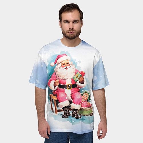 Мужская футболка оверсайз Акварельный ретро Санта Клаус / 3D-принт – фото 3