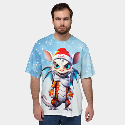 Мужская футболка оверсайз Забавный новогодний дракончик / 3D-принт – фото 3
