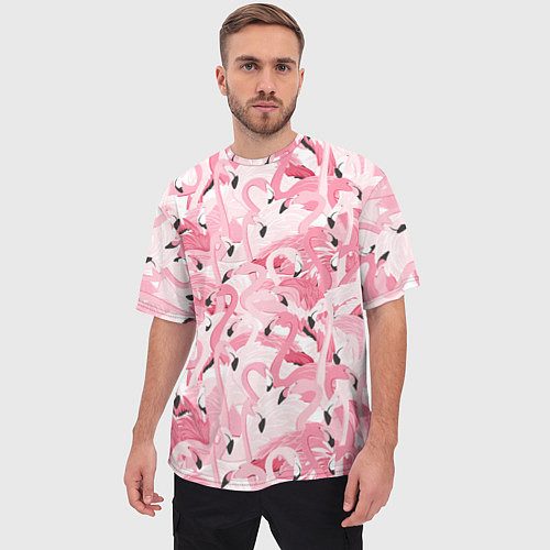 Мужская футболка оверсайз Стая розовых фламинго / 3D-принт – фото 3