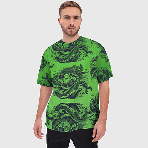Мужская футболка оверсайз Дракон и Дед Мороз паттерн на зеленом / 3D-принт – фото 3