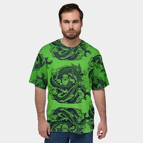 Мужская футболка оверсайз Дракон и Дед Мороз паттерн на зеленом / 3D-принт – фото 3