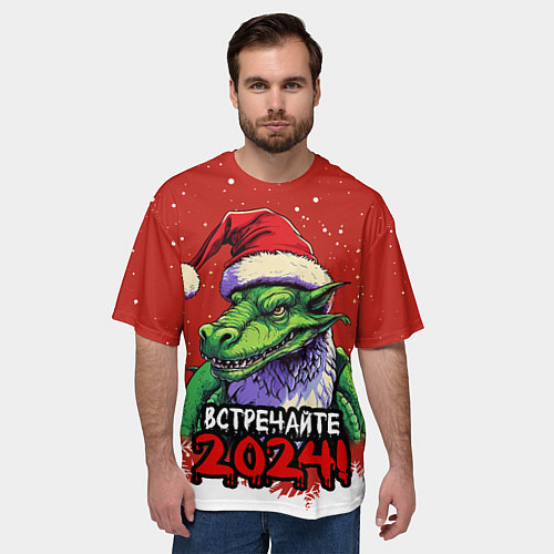 Мужская футболка оверсайз Встречайте 2024 год зеленого дракона / 3D-принт – фото 3