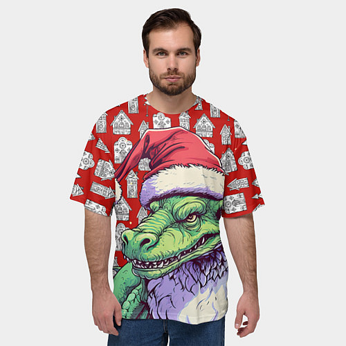 Мужская футболка оверсайз Большой зеленый новогодний дракон / 3D-принт – фото 3