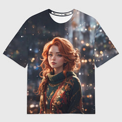 Футболка оверсайз мужская Девушка в новогодней кофте, цвет: 3D-принт