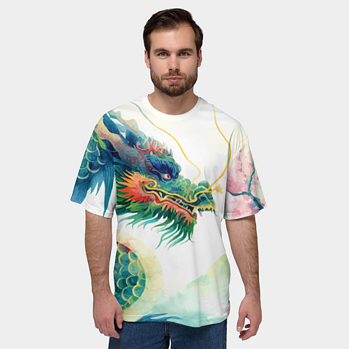 Мужская футболка оверсайз Japanese dragon - watercolor art / 3D-принт – фото 3