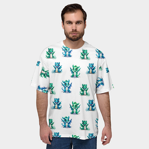 Мужская футболка оверсайз Дракончики зеленые и синие - паттерн акварельный / 3D-принт – фото 3