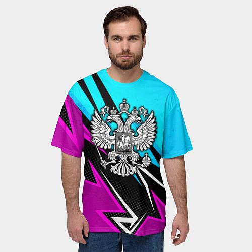 Мужская футболка оверсайз Герб рф - неоновый / 3D-принт – фото 3