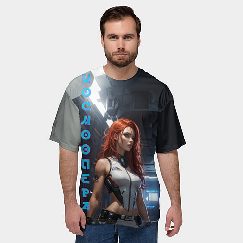 Мужская футболка оверсайз Девушка в каюте космического корабля / 3D-принт – фото 3