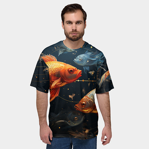 Мужская футболка оверсайз Рыбки на темном фоне / 3D-принт – фото 3