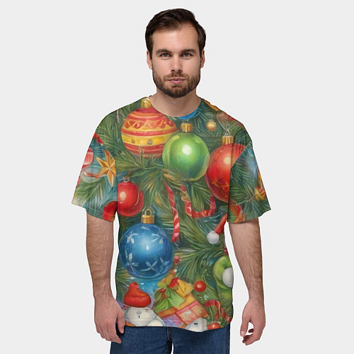 Мужская футболка оверсайз Новогодний принт на елке / 3D-принт – фото 3