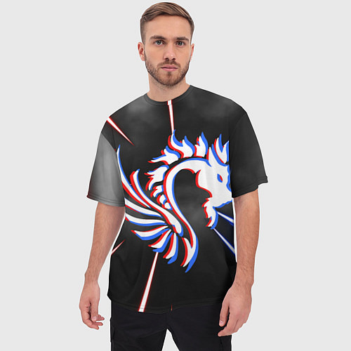 Мужская футболка оверсайз Трехцветный неоновый дракон / 3D-принт – фото 3