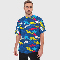 Футболка оверсайз мужская Разноцветные акулы на глубине, цвет: 3D-принт — фото 2