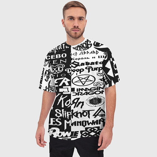 Мужская футболка оверсайз Логотипы лучших групп черно белый / 3D-принт – фото 3