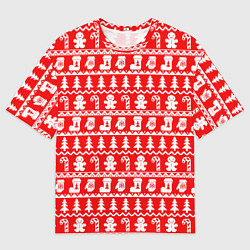 Мужская футболка оверсайз Новогодний узор с пряничными человечками и елками