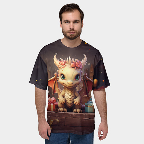 Мужская футболка оверсайз Праздничный новогодний дракон / 3D-принт – фото 3