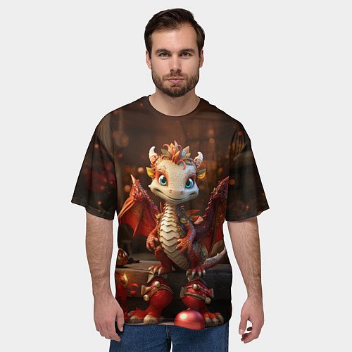 Мужская футболка оверсайз Дракон с новогодними шариками / 3D-принт – фото 3