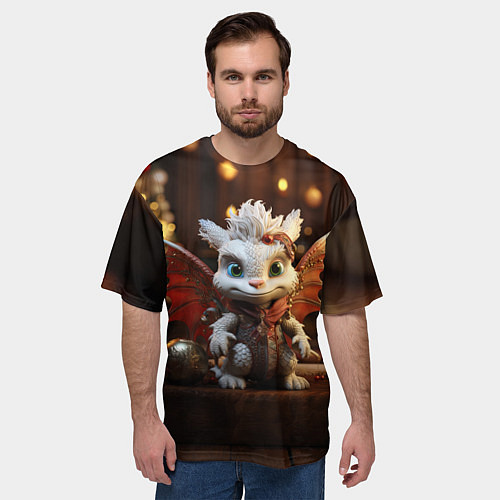 Мужская футболка оверсайз Белый новогодний дракон / 3D-принт – фото 3