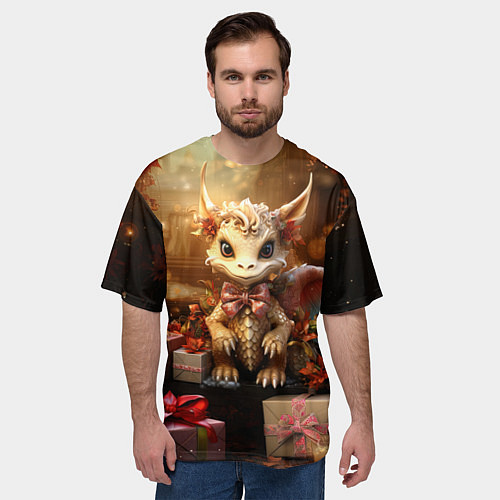 Мужская футболка оверсайз Белый новогодний дракон с подарками / 3D-принт – фото 3