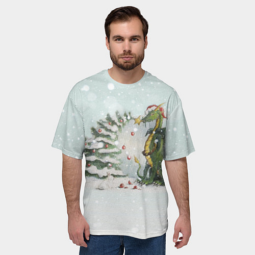 Мужская футболка оверсайз Дракон у наряженной ёлки и заяц беляк / 3D-принт – фото 3